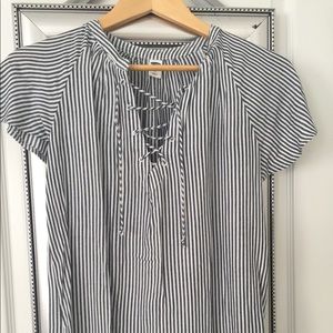 Blue and white lace up top